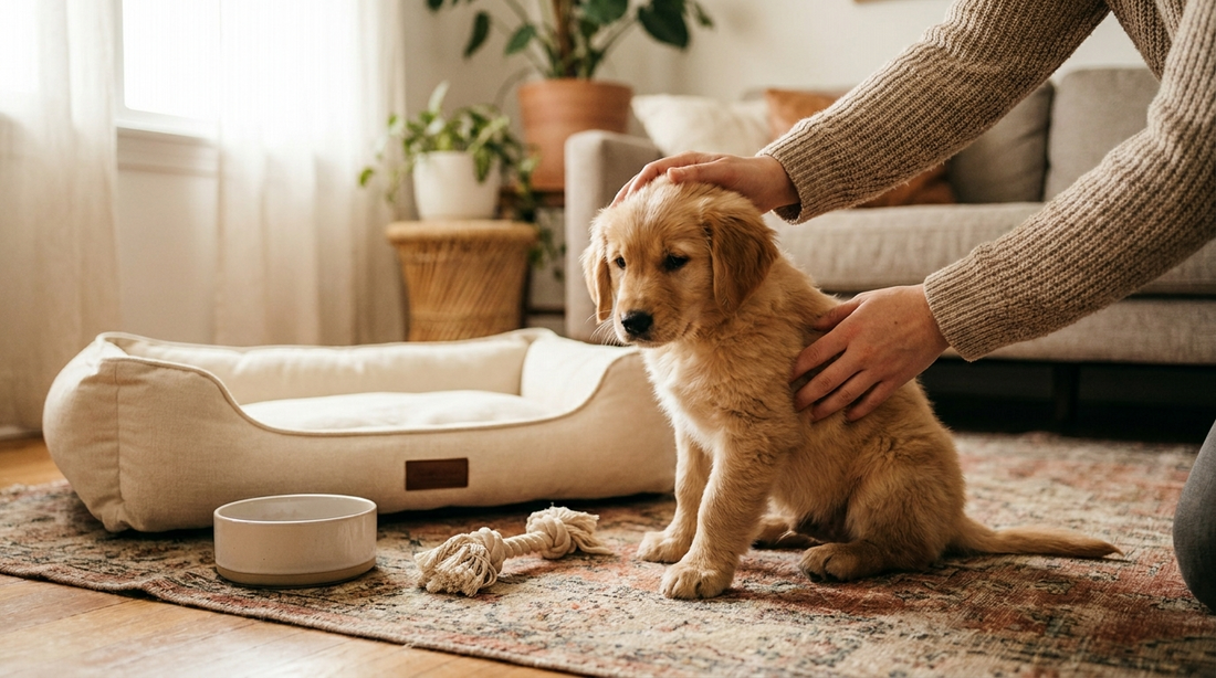 Golden retriever puppy in a cozy home setting on its first day home