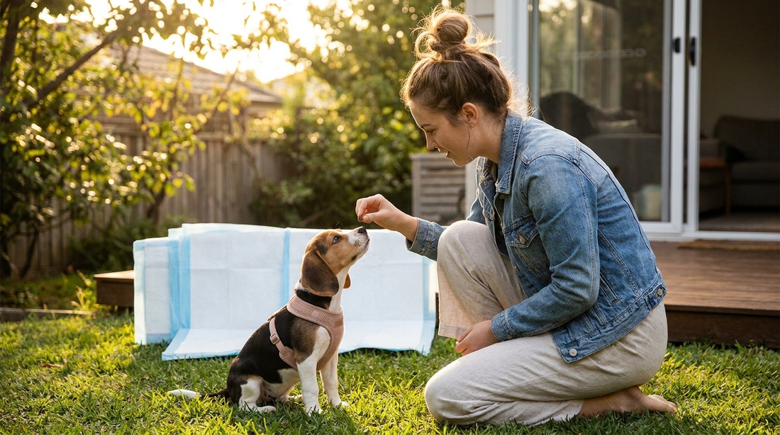 Woman training a puppy to sit in a sunny backyard during house-training practice
