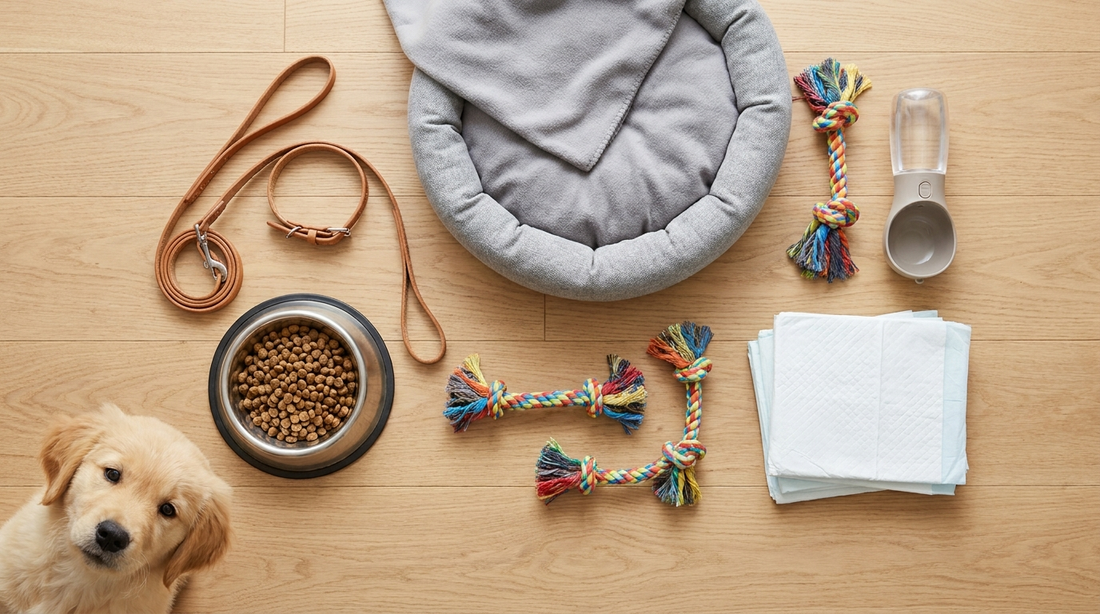 Flat-lay of essential new puppy supplies including leash, bowl, bed, and toys
