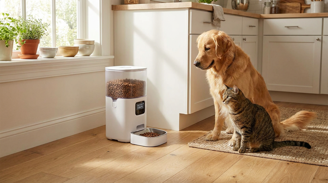 A golden retriever and tabby cat sitting calmly beside a modern automatic pet feeder in a bright home kitchen