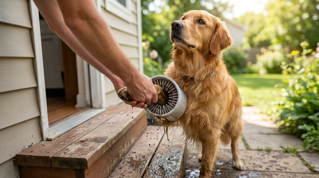 Person gently cleaning a golden retriever's muddy paw using an automatic pet paw cleaner device at the doorstep
