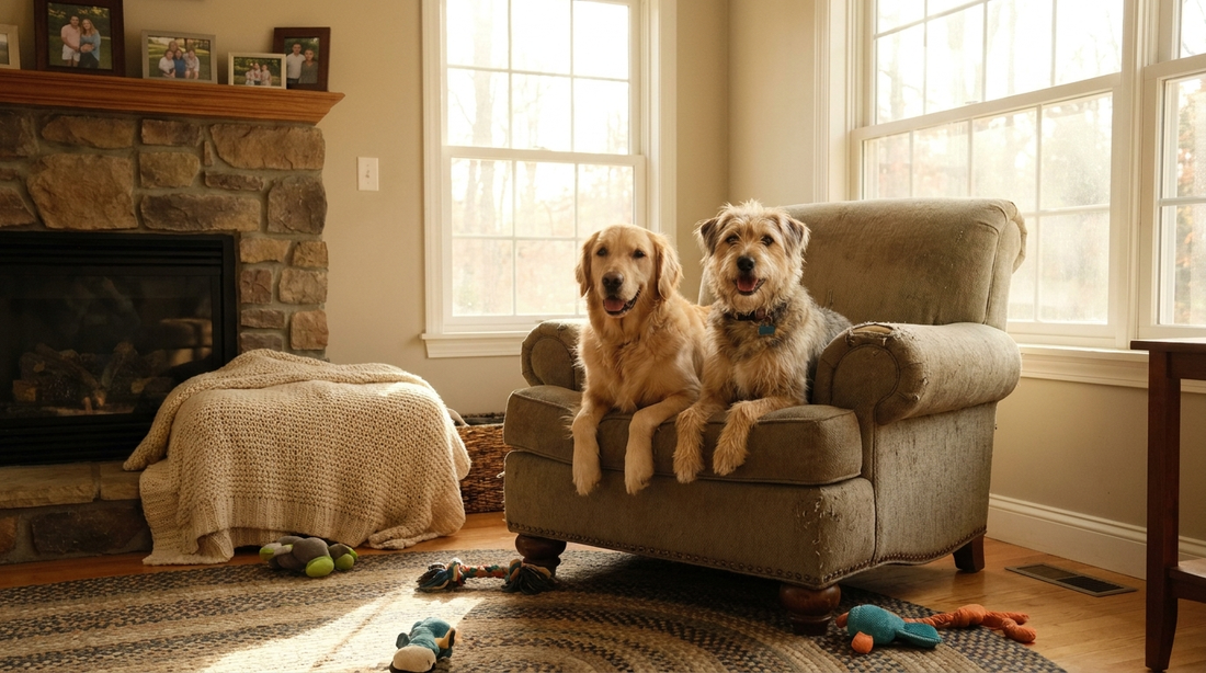 Two dogs sitting peacefully together in a family living room
