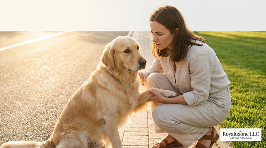 Woman checking her golden retriever's paw on hot pavement during a summer walk
