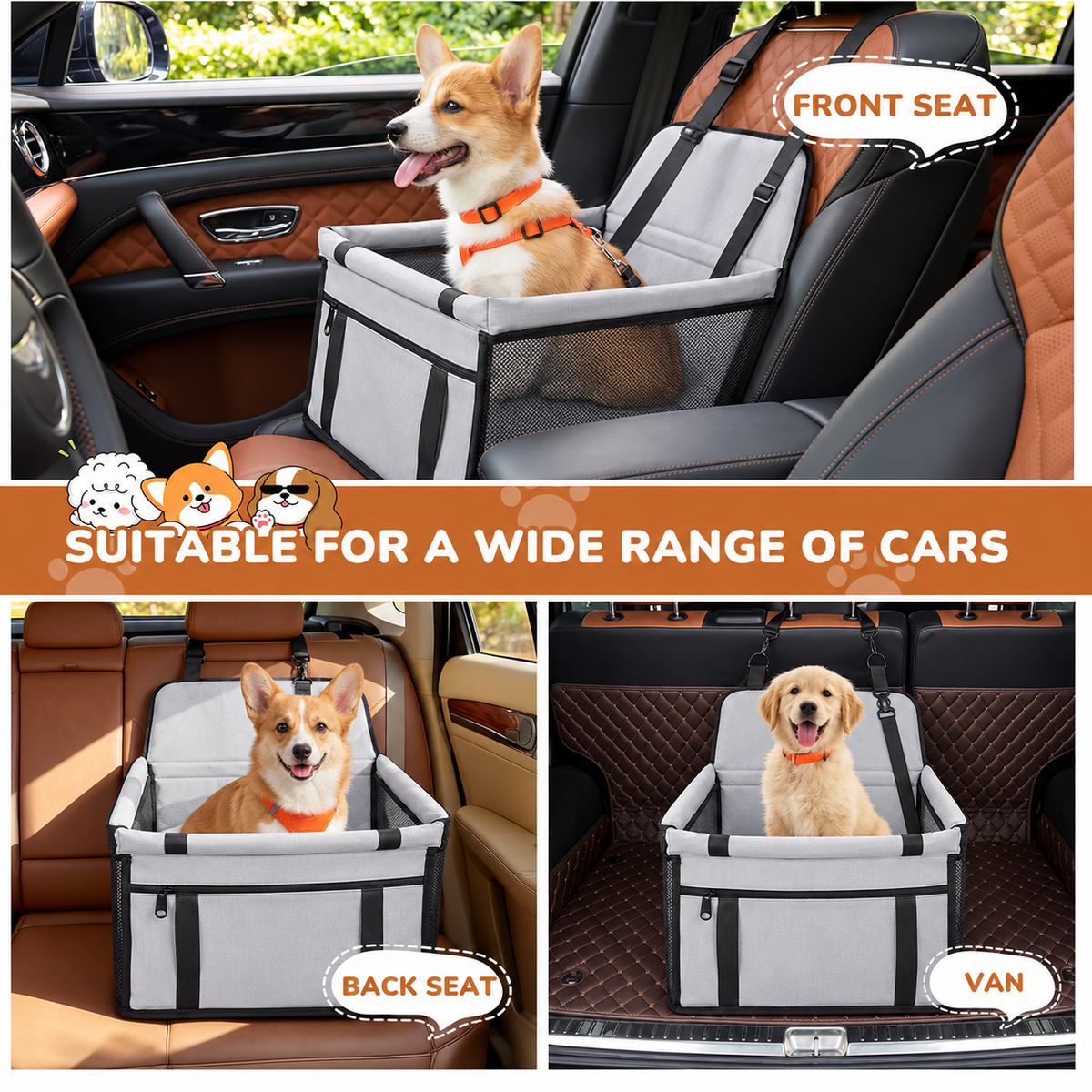 Dog car seat features – breathable mesh sides, raised booster design and adjustable straps