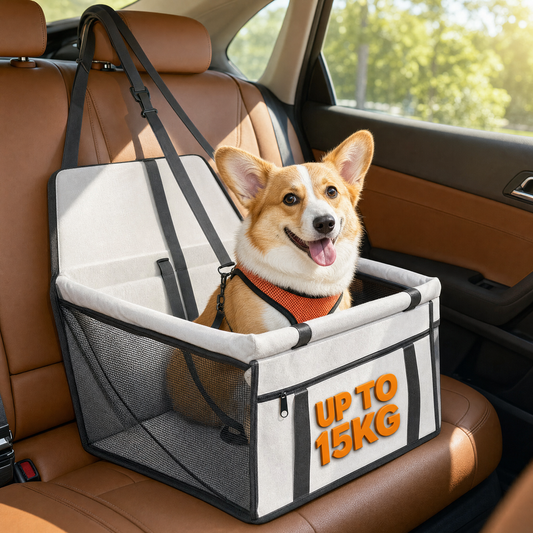 Small dog sitting in a waterproof dog car booster seat with safety leash – Royaluxone AU