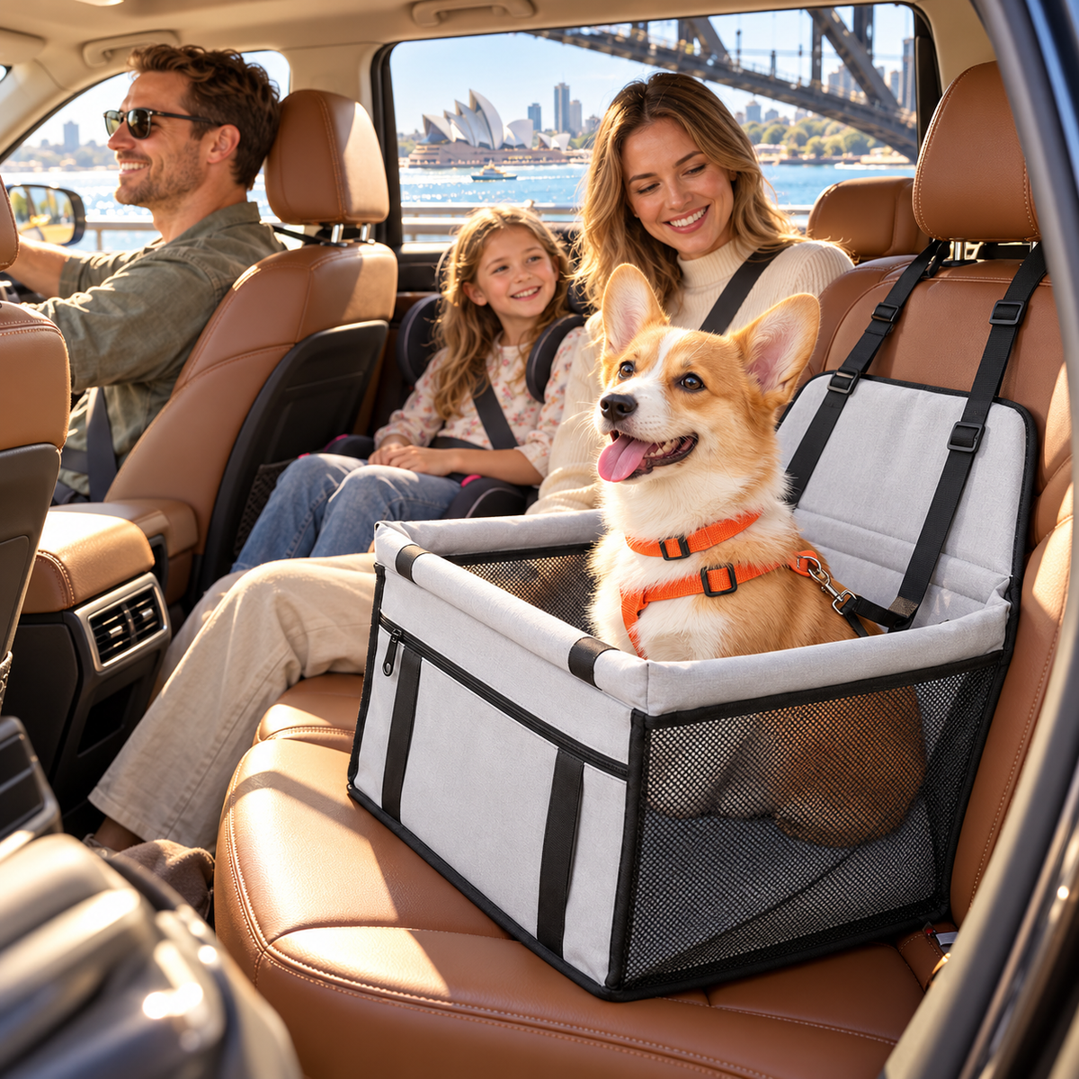 Happy corgi on a Sydney road trip in a dog car booster seat
