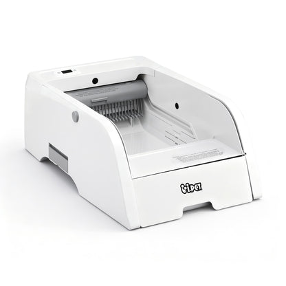 White automatic self-cleaning cat litter box with open-top rake design, front view