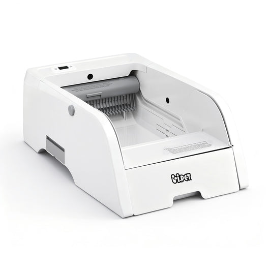 White automatic self-cleaning cat litter box with open-top rake design, front view