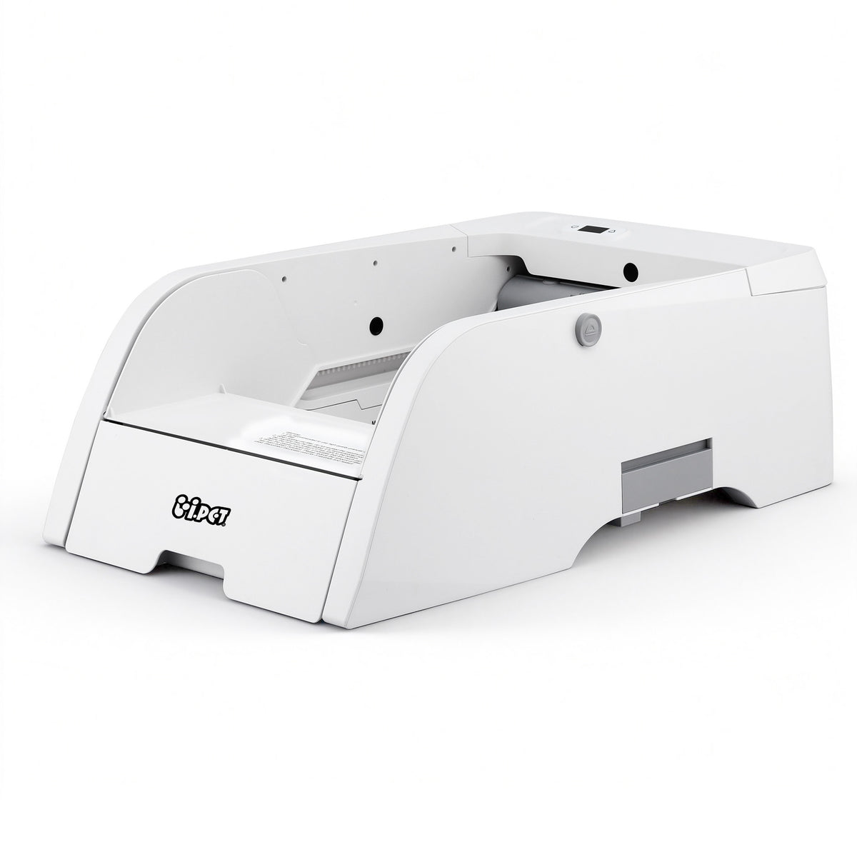 Automatic litter box side view showing the low entry and waste drawer