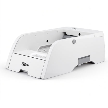 Automatic litter box side view showing the low entry and waste drawer