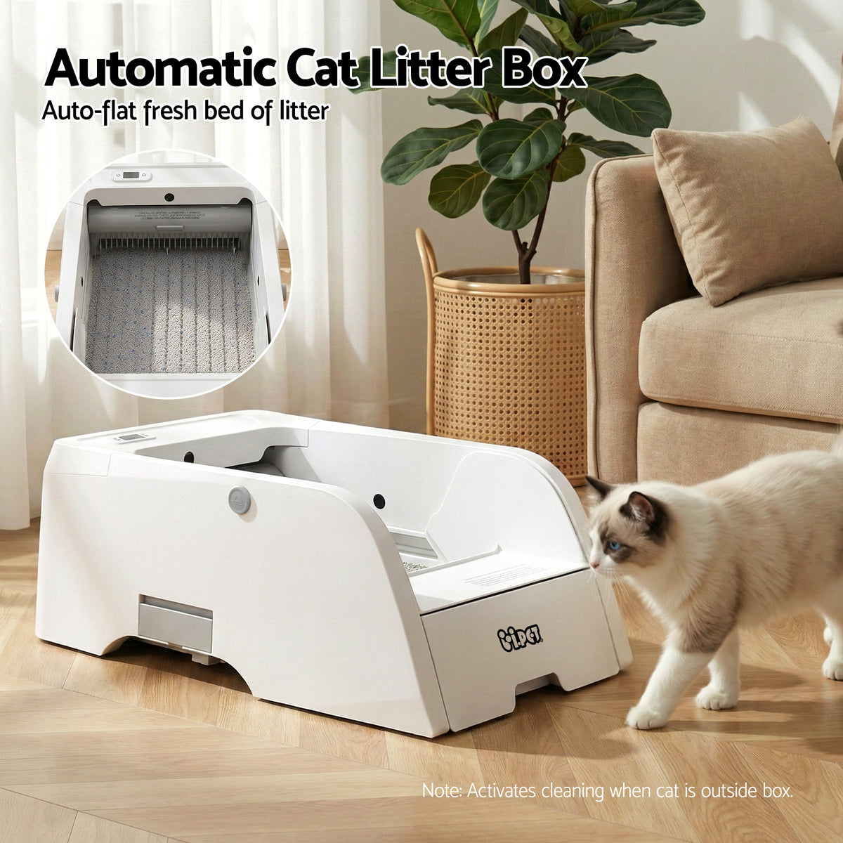 Automatic cat litter box on a timber floor – auto-flattened fresh bed of litter
