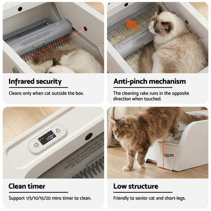 Infrared safety sensor and anti-pinch protection – cleans only when your cat is outside