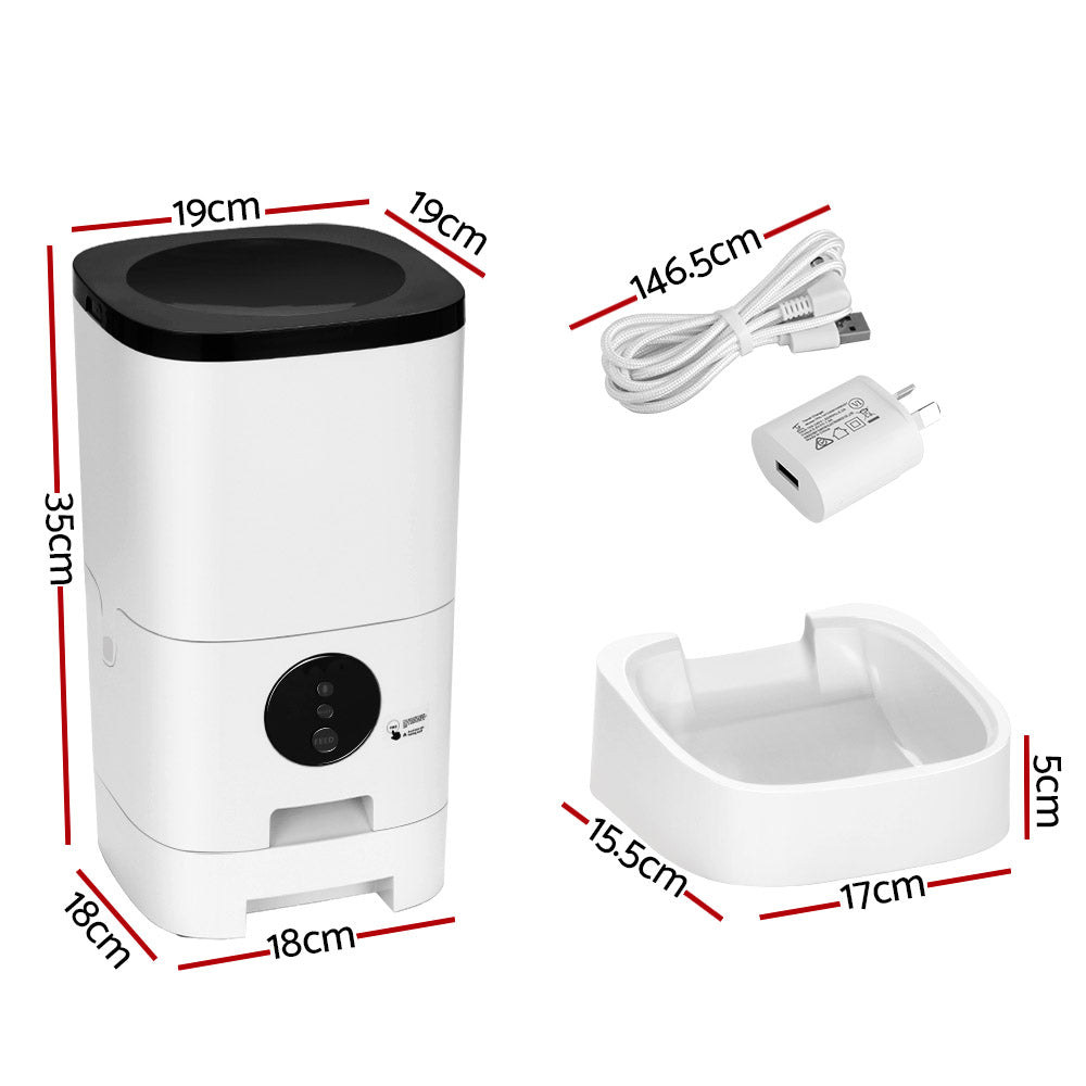 Product dimensions — 19cm x 19cm x 35cm feeder body, 17cm x 15.5cm x 5cm bowl, 146.5cm USB cable, AU power adapter included