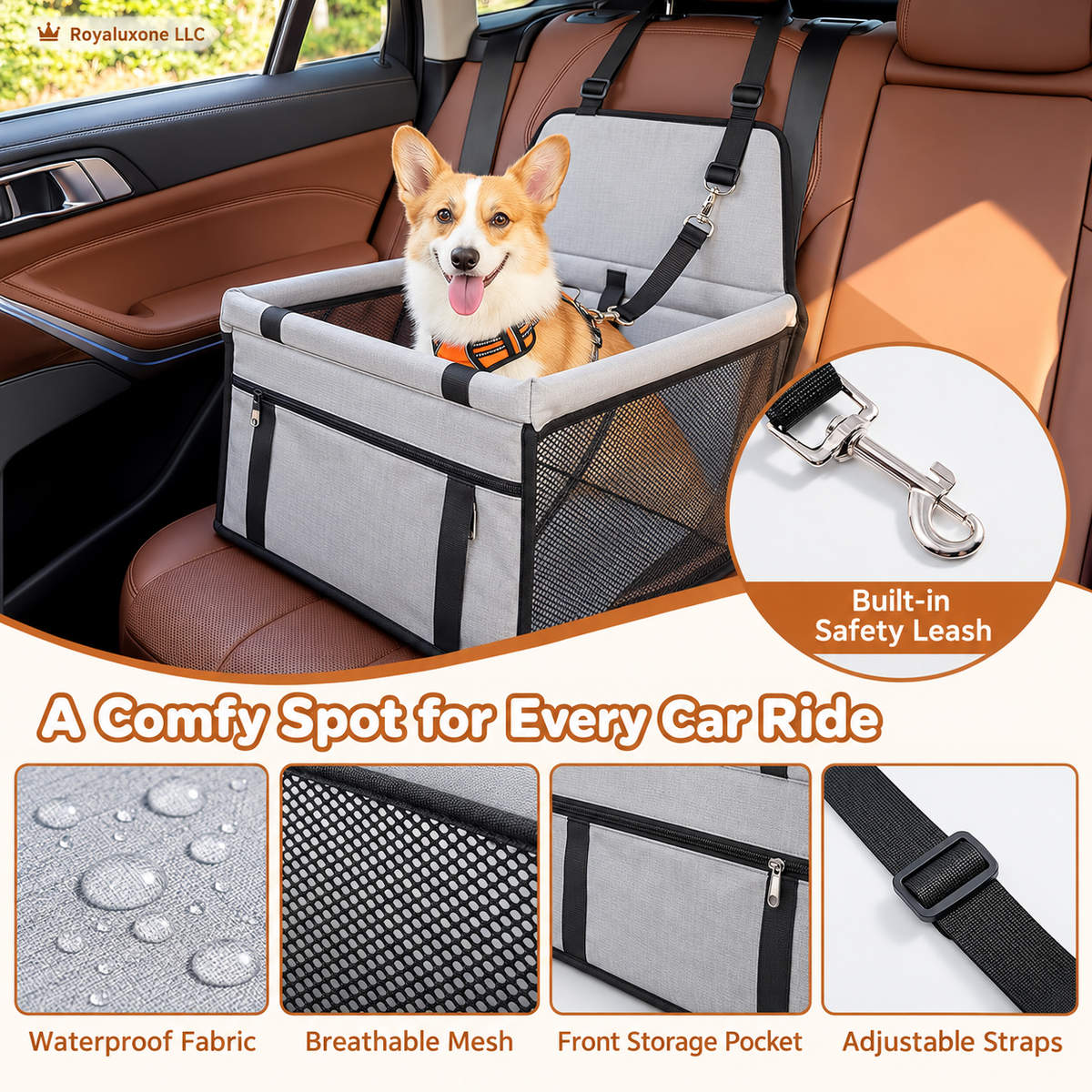 Corgi riding safely in a premium dog car booster seat attached to the headrest