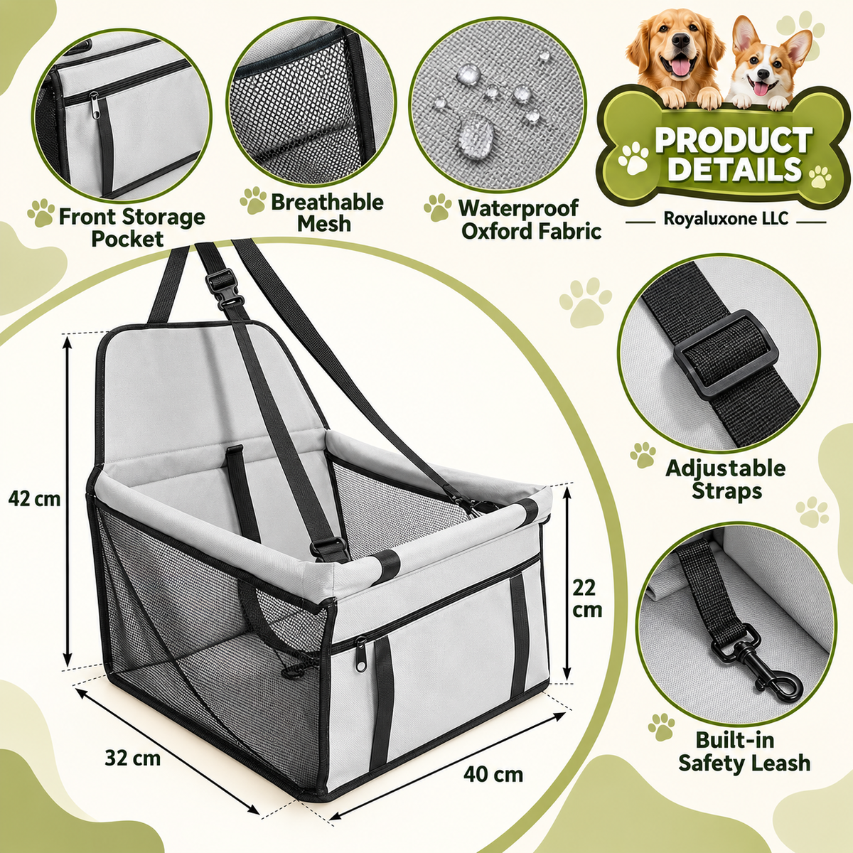 Royaluxone dog booster seat details – waterproof oxford cloth and built-in safety leash