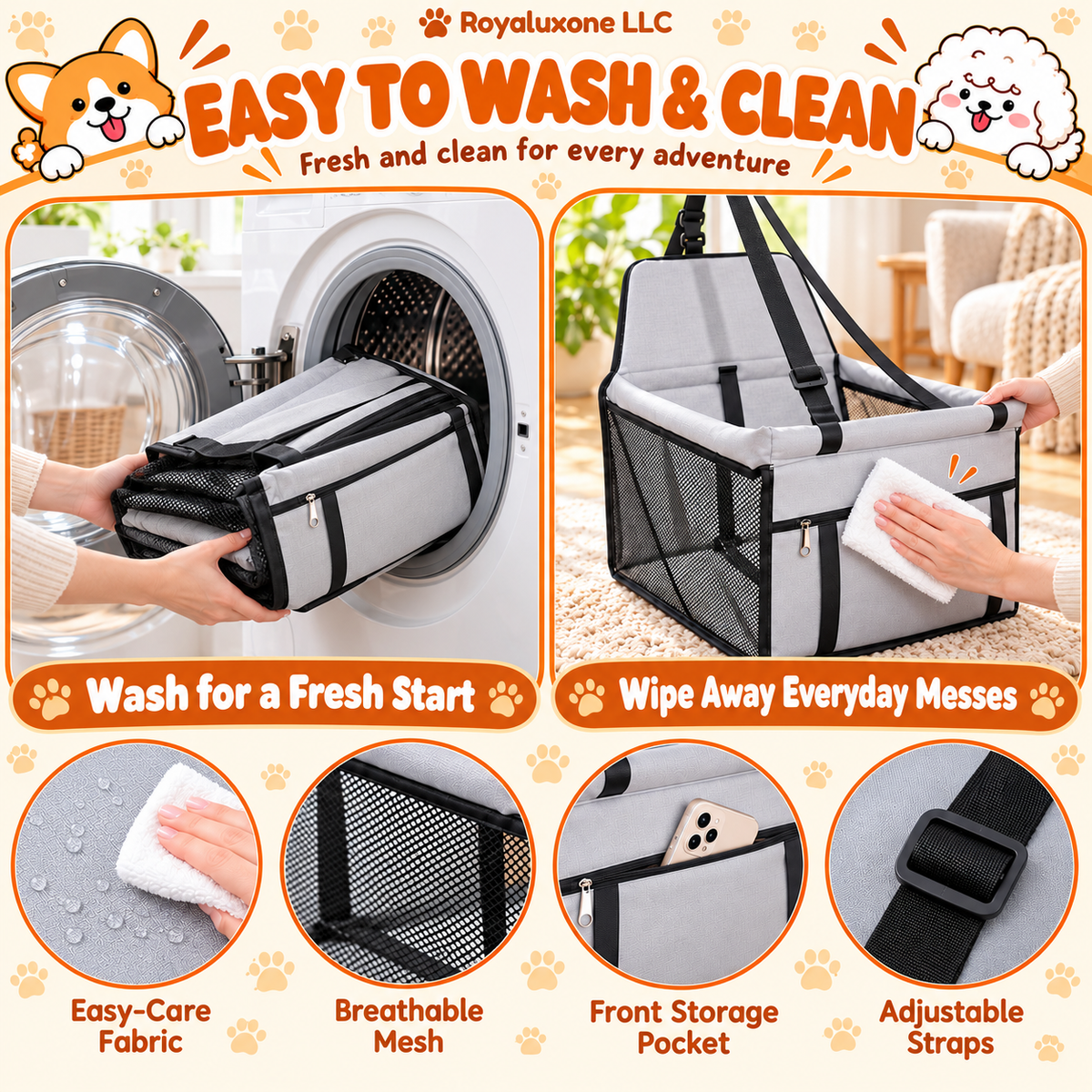 Two ways to clean the pet car booster seat – wipe clean or remove the cushion