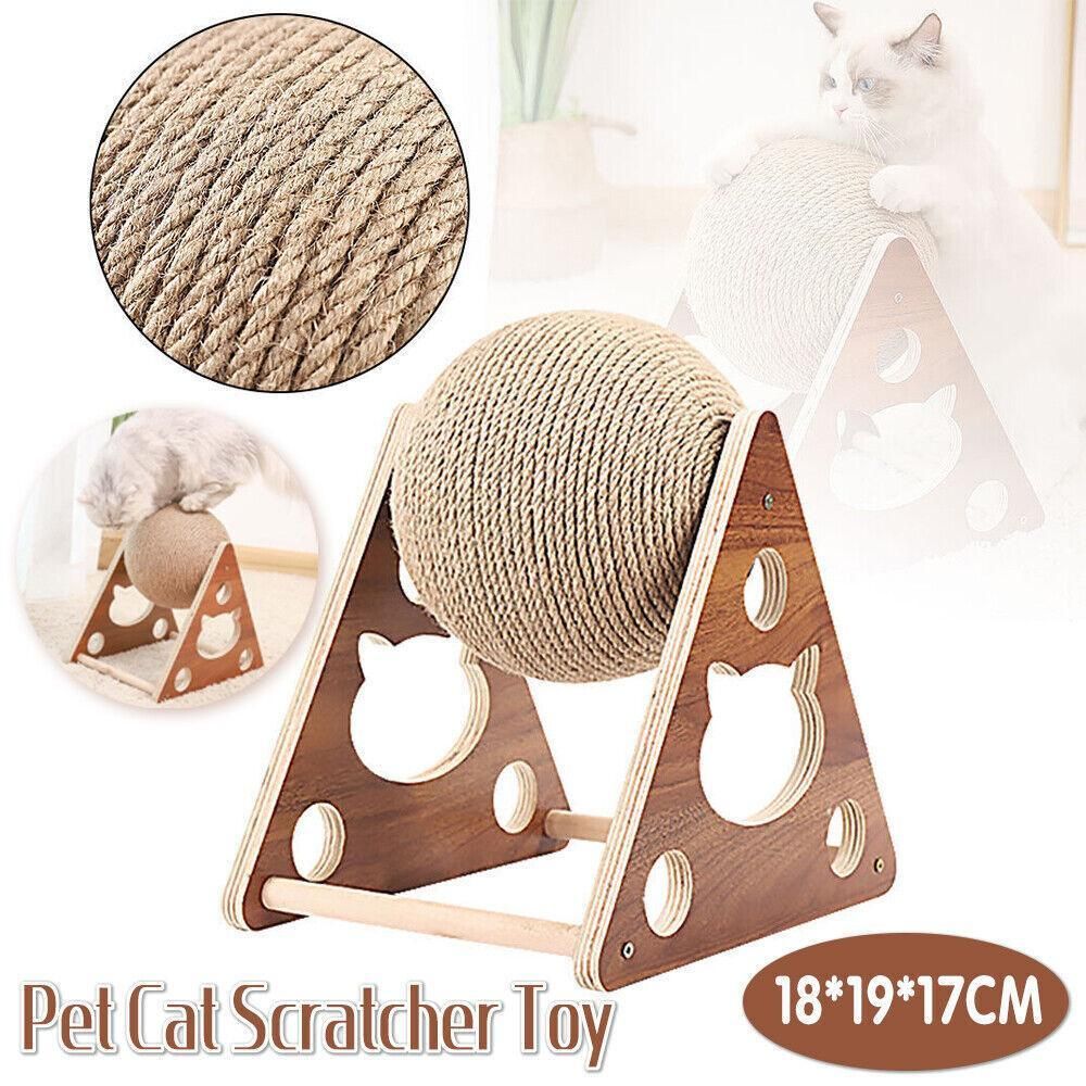 Cat scratching ball on a wooden triangle stand – 18 x 19 x 17 cm, with rope close-up