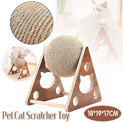 Cat scratching ball on a wooden triangle stand – 18 x 19 x 17 cm, with rope close-up