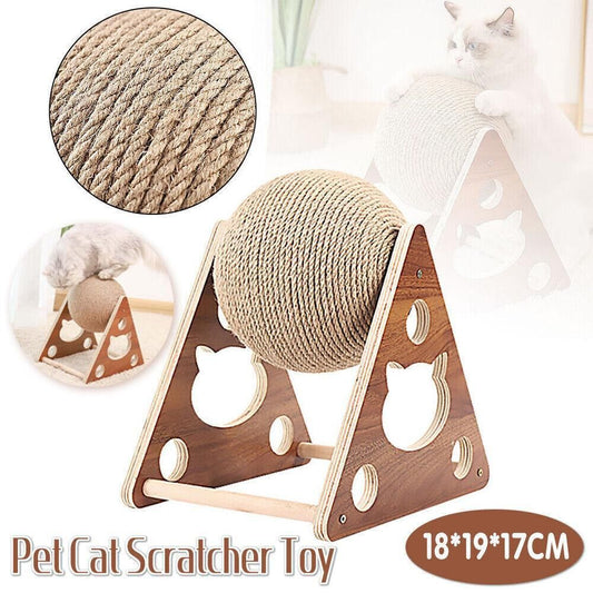 Cat scratching ball on a wooden triangle stand – 18 x 19 x 17 cm, with rope close-up