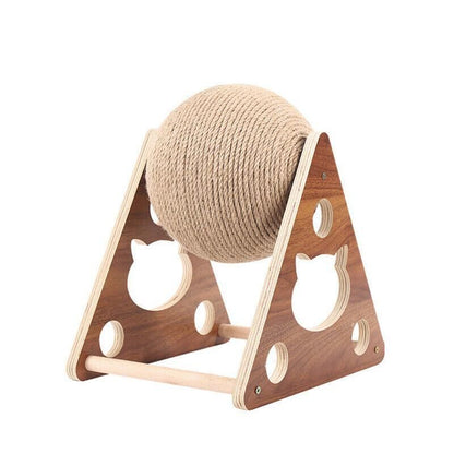 Rotating natural rope scratching ball on solid wood stand, front view