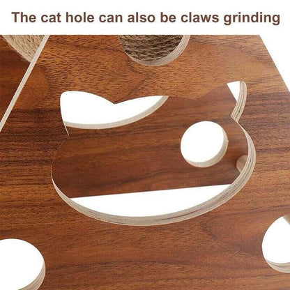 Cat-shaped cut-out in the solid wood frame doubles as a claw-scratching edge